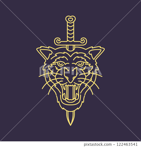 roar tiger head beast wildlife jungle swords lines minimal vintage hipster mascot logo vector icon illustration 122463541