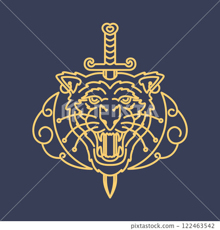 roar tiger head beast wildlife jungle swords lines minimal vintage hipster mascot logo vector icon illustration 122463542