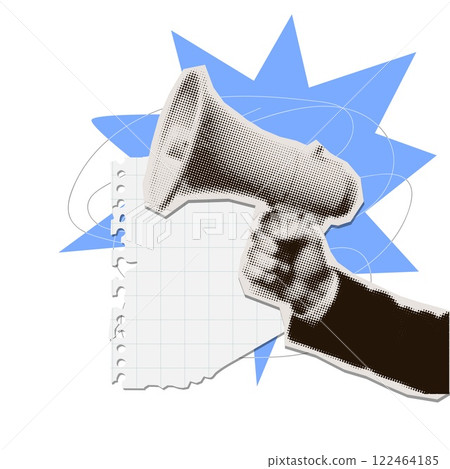 Halftone collage - male hand holding loudspeaker. Breaking news concept or sale announce with abstract geometric elements and torn out paper. Isolated Contemporary vector illustration 122464185
