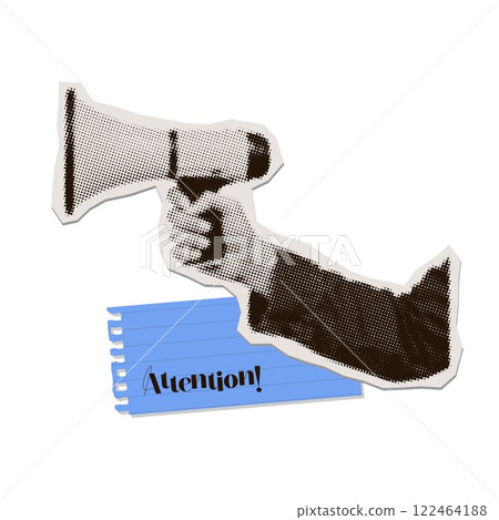 Halftone collage hand in jacket sleeve holding loudspeaker. Attention, Breaking news concept. Newspaper cut our clipping. Contemporary vector illustration. 122464188