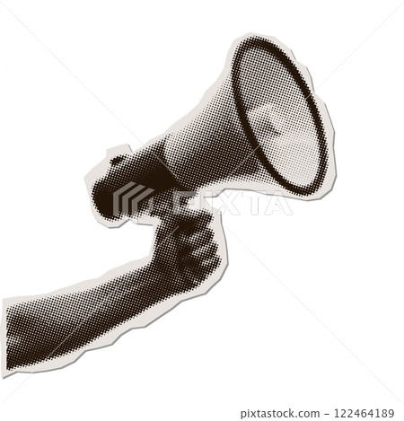 Halftone megaphone, loudspeaker in hand. Advertising speaker collage paper stickers in retro style. Vector isolated illustration. 122464189
