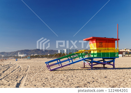 Vibrant lifeguard tower painted in LGBTQ rainbow colors Vibrant lifeguard tower painted in LGBTQ rainbow colors 122464201