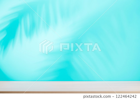 Template with empty table and wall with natural plant shadow and sunny glare Template with empty table and wall with natural plant shadow and sunny glare 122464242