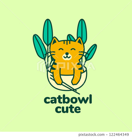 cat kitten playing bowl noodle leaves colorful modern logo vector icon illustration 122464349