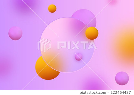 Minimalist glass morphism style presentation background with transparent circle with blur effect. Decorated with round multi-colored balls. 122464427