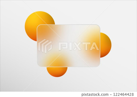 Minimalist presentation background in glass morphism style with transparent glass rectangle with blur effect. Decorated with round yellow balls. General gray background. Minimalist presentation background in glass morphism style with transparent glass rectangle with blur effect. Decorated with round yellow balls. General gray background. 122464428