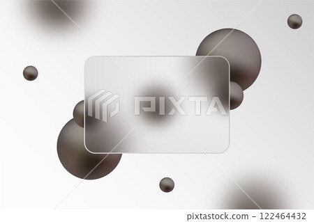 Glass morphism. Rectangle made of transparent glass with a blur effect with spheres. Mockup for web page design, advertising banner, business card, brochure, etc. Glass morphism. Rectangle made of transparent glass with a blur effect with spheres. Mockup for web page design, advertising banner, business card, brochure, etc. 122464432