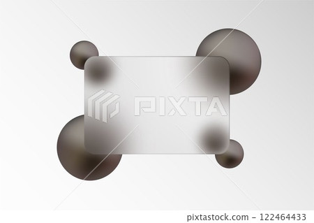 Glass morphism, website template with transparent rectangle and black spheres. 122464433