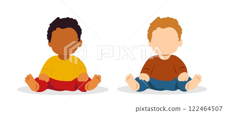 Vector illustration of two babies sitting side by side in casual attire on a simple background Vector illustration of two babies sitting side by side in casual attire on a simple background 122464507