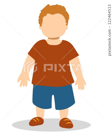 Vector illustration of a young boy standing confidently in casual summer attire against a minimal background 122464513