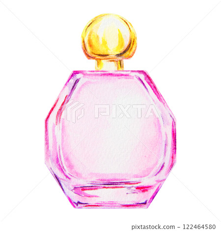 Watercolor hand painted illustration of a pink perfume bottle with a golden cap. Elegant and feminine beauty product design for cosmetics, fragrance or fashion themes. Isolated, cut out Watercolor hand painted illustration of a pink perfume bottle with a golden cap. Elegant and feminine beauty product design for cosmetics, fragrance or fashion themes. Isolated, cut out 122464580