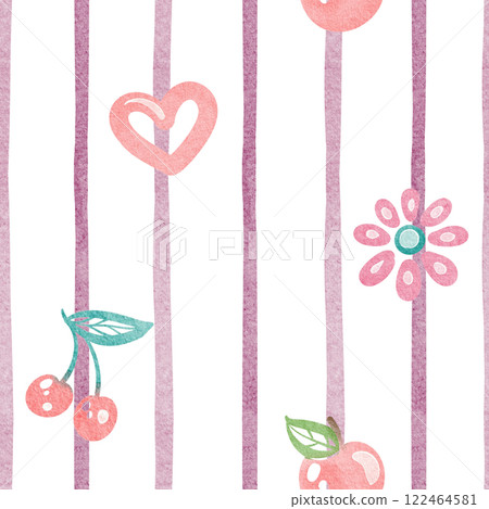 Striped cute Seamless pattern with pastel colors. Hand-drawn confectionery design with ribbed with apple, flower, cherry. Summer background ideal for textiles, tablecloths, or kids bedroom decor. Striped cute Seamless pattern with pastel colors. Hand-drawn confectionery design with ribbed with apple, flower, cherry. Summer background ideal for textiles, tablecloths, or kids bedroom decor. 122464581