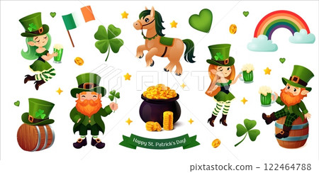 A vibrant and festive St. Patrick's Day vector set featuring cheerful leprechauns, lucky shamrocks, golden coins, a pot of gold, a green beer mug, an Irish flag, and a magical rainbow. This charming A vibrant and festive St. Patrick's Day vector set featuring cheerful leprechauns, lucky shamrocks, golden coins, a pot of gold, a green beer mug, an Irish flag, and a magical rainbow. This charming 122464788
