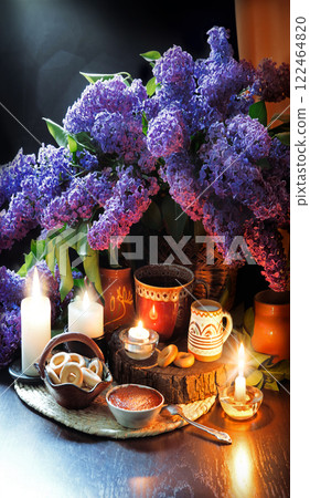 Still life from food and lush lilac boquet Still life from food and lush lilac boquet 122464820