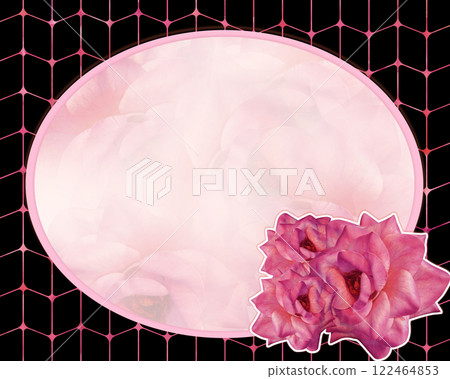 three roses on a white stoke on an oval frame and blur rose background, on pink and black frame background, nature, card, fashion, copy space three roses on a white stoke on an oval frame and blur rose background, on pink and black frame background, nature, card, fashion, copy space 122464853