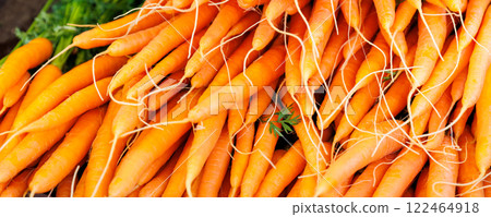 Close-up view fresh juicy clean orange local farmer's carrot bunch and potato street market retail counter stall sunny day. Local domestic organic plant vegetables at store. Sustainable agriculture Close-up view fresh juicy clean orange local farmer's carrot bunch and potato street market retail counter stall sunny day. Local domestic organic plant vegetables at store. Sustainable agriculture 122464918