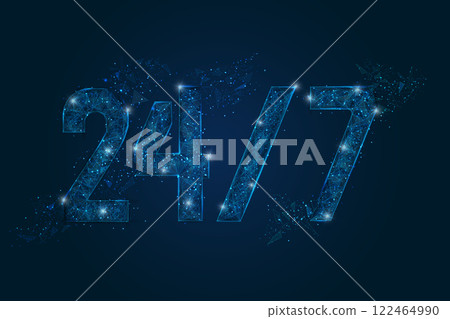 Abstract isolated blue image of signboard 24 7 open hours time. Polygonal low poly wireframe illustration looks like stars in the black night sky in space or flying glass shards. Abstract isolated blue image of signboard 24 7 open hours time. Polygonal low poly wireframe illustration looks like stars in the black night sky in space or flying glass shards. 122464990