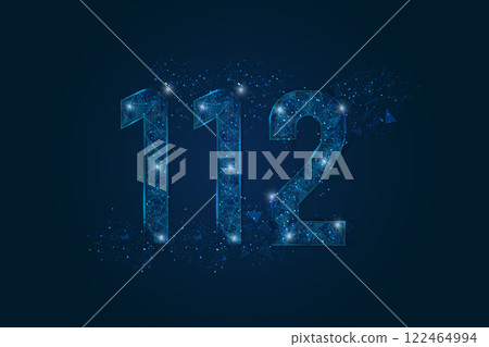 Abstract isolated blue image of 112 emergency icon. Polygonal low poly wireframe illustration looks like stars in the black night sky in space or flying glass shards. Digital web, internet design. 122464994