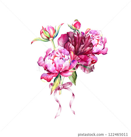 A bouquet of peonies with a ribbon isolated on a white background. A watercolor bouquet of flowers for your design. Botanical illustration. A bouquet of peonies with a ribbon isolated on a white background. A watercolor bouquet of flowers for your design. Botanical illustration. 122465011