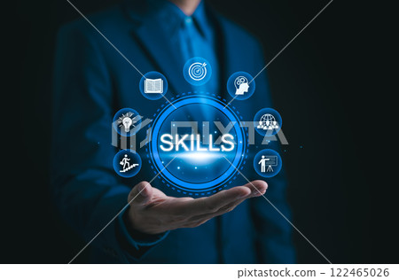 Skills Development Concept. Businessman presenting digital representation of essential skills, including knowledge, goal-setting, creativity, and leadership. personal growth and development. Learning Skills Development Concept. Businessman presenting digital representation of essential skills, including knowledge, goal-setting, creativity, and leadership. personal growth and development. Learning 122465026