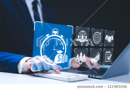 Business time management, productivity concept. Businessman working, with time management icons, financial growth, global teamwork, emphasize efficiency, goal setting, productivity in corporate, Business time management, productivity concept. Businessman working, with time management icons, financial growth, global teamwork, emphasize efficiency, goal setting, productivity in corporate, 122465036