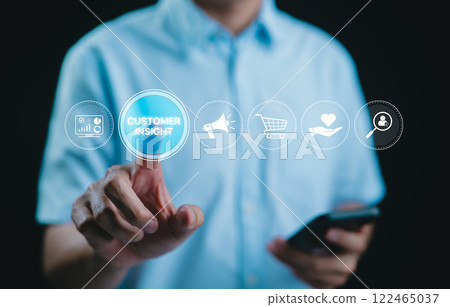 Customer insight and marketing strategy concept. icons representing customer insights, marketing, shopping behavior, and engagement strategy. Importance of understanding consumer needs. Neuromarketing Customer insight and marketing strategy concept. icons representing customer insights, marketing, shopping behavior, and engagement strategy. Importance of understanding consumer needs. Neuromarketing 122465037