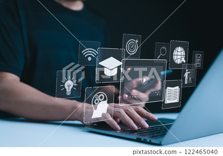 Online Education and E-Learning Concept. Person use laptop with icons representing online education, learning, knowledge sharing, educational tools, training, webinar on internet, digital courses, 122465040