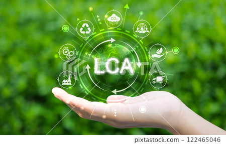 LCA Life cycle assessment concept. A hand holds glowing globe icons representing sustainability, recycling, environmental impact, symbolizing life cycle assessment (LCA) for eco friendly initiatives. 122465046