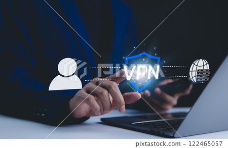 VPN, Virtual Private Network, Internet and network concept. A hand interacts with a digital interface displaying VPN technology, with icons representing secure internet connection and user privacy. 122465057