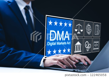DMA, Digital Markets Act, EU law concept. Businessman working on laptop with icons represent Digital Markets Act (DMA), legal regulations, compliance, and the European Union's digital market policies. 122465058