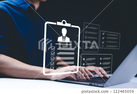 HR, Human resource management concept. Fill out an online employee assessment form, Online employee assessment, Digital HR management, Employee profile and checklist, interview process, Checkbox, HRM, 122465059