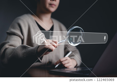 SEO search engine optimization concept. Search bar Interface, Woman using virtual search bar with magnifying glass icon, SEO and search engine optimization. Searching information on internet, SEO search engine optimization concept. Search bar Interface, Woman using virtual search bar with magnifying glass icon, SEO and search engine optimization. Searching information on internet, 122465069