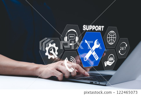 Technical support and customer service concept. Digital icon representing technical support, customer service, and 24/7 assistance. Business technology solutions for global support, service management Technical support and customer service concept. Digital icon representing technical support, customer service, and 24/7 assistance. Business technology solutions for global support, service management 122465073