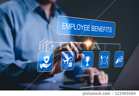 Employee Benefits and Compensation Strategy Concept. Employee benefits options on digital interface. Icons various benefits such as healthcare, insurance, travel, awards, dining, and financial perks. 122465084