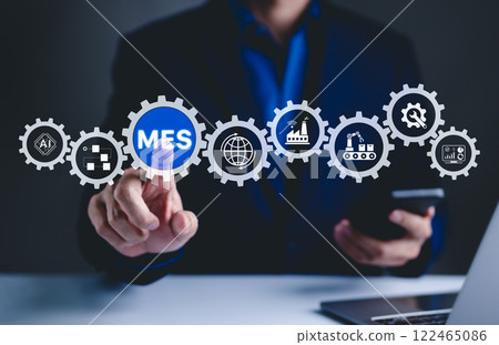 MES - Manufacturing Execution System Concept. AI Integration, A person touch MES icon with symbols to manufacturing, automation, industrial processes, technology in production management, AI powered, MES - Manufacturing Execution System Concept. AI Integration, A person touch MES icon with symbols to manufacturing, automation, industrial processes, technology in production management, AI powered, 122465086
