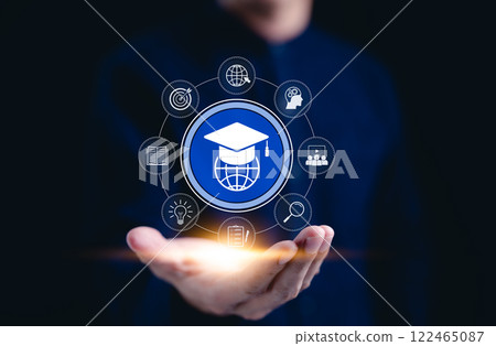 E-learning and online education technology concepts. digital interface with icons related to online education, symbolizing elearning, global connectivity, virtual classrooms, and knowledge sharing. E-learning and online education technology concepts. digital interface with icons related to online education, symbolizing elearning, global connectivity, virtual classrooms, and knowledge sharing. 122465087