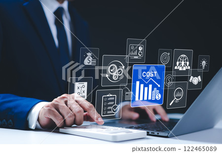 Cost reduction business finance concept. A businessman using a laptop with icons represents cost reduction, financial planning, and strategy. corporate finance, cost management, effective business, Cost reduction business finance concept. A businessman using a laptop with icons represents cost reduction, financial planning, and strategy. corporate finance, cost management, effective business, 122465089