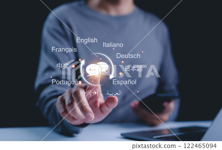 Multilingual Language Translation Technology Concept. A person interacts with virtual languages, multilingual communication, translate technology, global connectivity for international communication, Multilingual Language Translation Technology Concept. A person interacts with virtual languages, multilingual communication, translate technology, global connectivity for international communication, 122465094