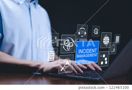 Incident Management and Business Process Technology Concept. virtual incident management icons, diagnosing and resolving unexpected problems that arise. process automation, problem resolution, risk, 122465100