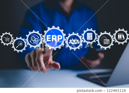 ERP - Enterprise Resource Planning Concept. Digital interface of ERP icons for business management, scheduling, resource optimization, and team coordination. Use ERP software systems for corporate. ERP - Enterprise Resource Planning Concept. Digital interface of ERP icons for business management, scheduling, resource optimization, and team coordination. Use ERP software systems for corporate. 122465116