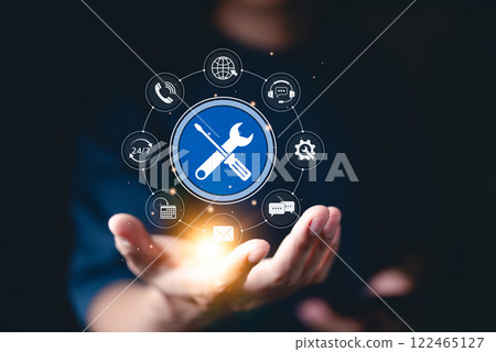 Technical Support and Customer Service Concept. Icon of tools, with icons for customer service, 24/7 support, communication, and technical maintenance. business technology in customer assistance. 122465127