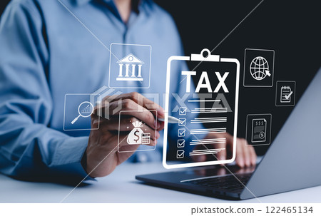 Income tax, Businessman calculates taxes using calculator and laptop. Icons related to finance, tax documents, and savings, represent the concept of tax return preparation and financial management. Income tax, Businessman calculates taxes using calculator and laptop. Icons related to finance, tax documents, and savings, represent the concept of tax return preparation and financial management. 122465134