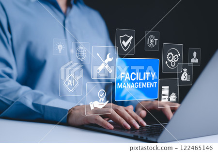 Facility Management and Digital Solutions Concept. Icons related to facility management, maintenance, AI, IoT, security, and optimization. integration of technology in managing facilities efficiently. 122465146