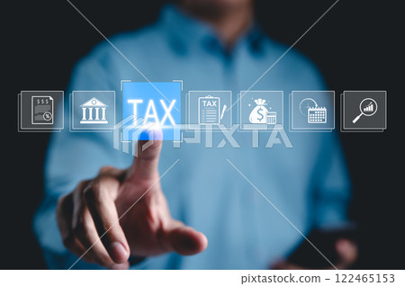Tax Management and Government Taxation Concept. Person interact with tax interface, icon related to tax filing, government institutions, financial planning, payment deadlines, efficient tax management Tax Management and Government Taxation Concept. Person interact with tax interface, icon related to tax filing, government institutions, financial planning, payment deadlines, efficient tax management 122465153