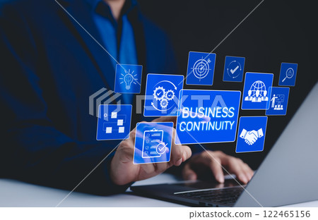 Business continuity management concept. "Business Continuity" with icons strategy, risk assessment, and operational planning. business continuity planning and resilience in managing disruptions. 122465156