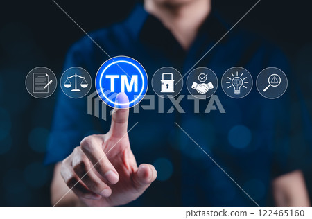 TM - Trademark and Intellectual Property Protection. Digital trademark icon with symbols legal, intellectual property, and security elements. intellectual property protection and trademark compliance. TM - Trademark and Intellectual Property Protection. Digital trademark icon with symbols legal, intellectual property, and security elements. intellectual property protection and trademark compliance. 122465160