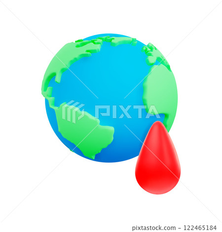 Vibrant 3d cartoon Earth with green continents, blue oceans and red drop on white background. Element for environmental awareness, resource conservation, sustainability. 3d vector illustration. Vibrant 3d cartoon Earth with green continents, blue oceans and red drop on white background. Element for environmental awareness, resource conservation, sustainability. 3d vector illustration. 122465184
