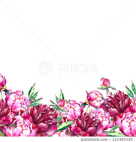 The peony banner. Watercolor illustration with pink and red peony flowers, buds and green leaves. A floral frame on a white background with a place for your inscription. For greeting cards and invitat The peony banner. Watercolor illustration with pink and red peony flowers, buds and green leaves. A floral frame on a white background with a place for your inscription. For greeting cards and invitat 122465185
