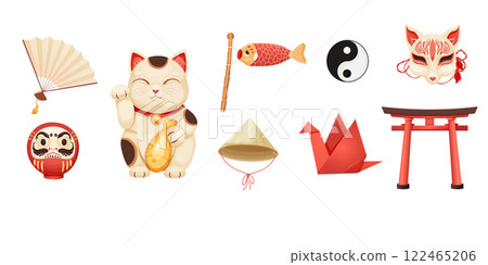 Japan set with traditional elements bonsai tree, koinobori flag, fun, maneki neko cat, origami crane and teapot with tea cups isolated on white background. 122465206