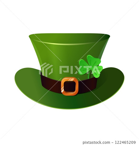 A detailed vector illustration of a green leprechaun hat featuring a gold buckle and a lucky shamrock. This iconic symbol of St. Patrick s Day represents Irish folklore, good luck, and festive 122465209